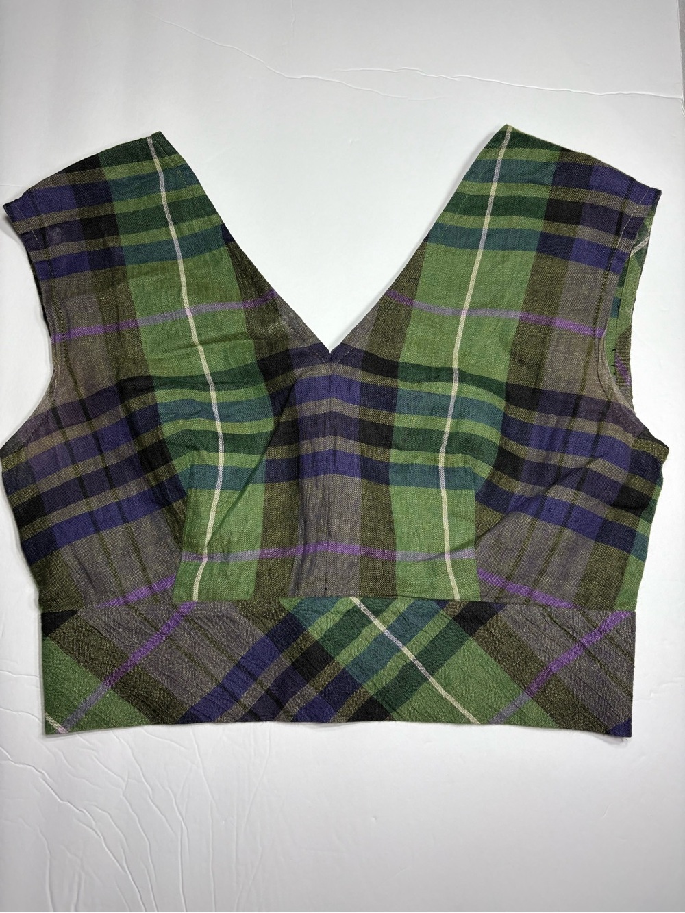 Sandro Green Plaid V‑Neck Crop Top